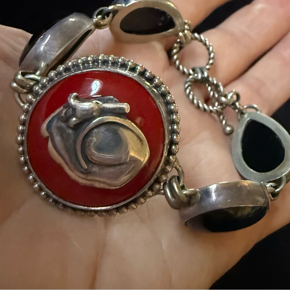 Beautiful Vintage BF Sterling Onyx Red Glass Toggle Bracelet